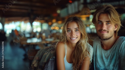 A young couple sits smiling in a lively coffee shop, engaging in a pleasant conversation. The ambiance is casual and vibrant, depicting a perfect date scenario.