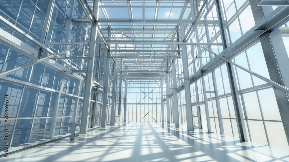 Glass and metal building interior, sunny space and minimalistic.