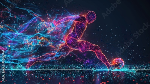 Glowing Neon Football: A 3D vector illustration of a football player kicking