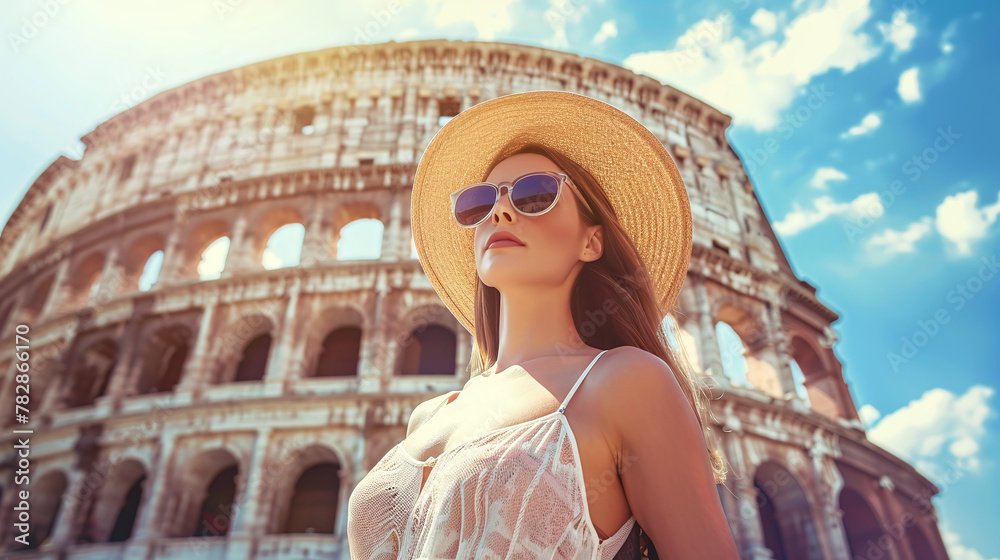 Young beautiful woman tourist in a dress, round hat and sunglasses on the background of the Colosseum