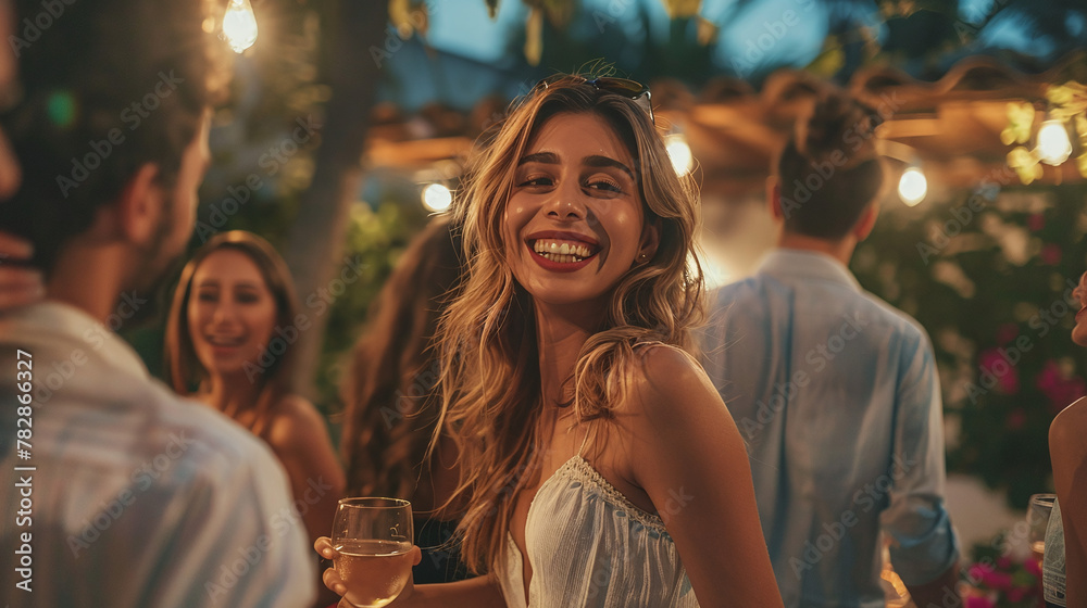 Young beautiful woman having fun in the company of friends at a party in the courtyard of a private villa