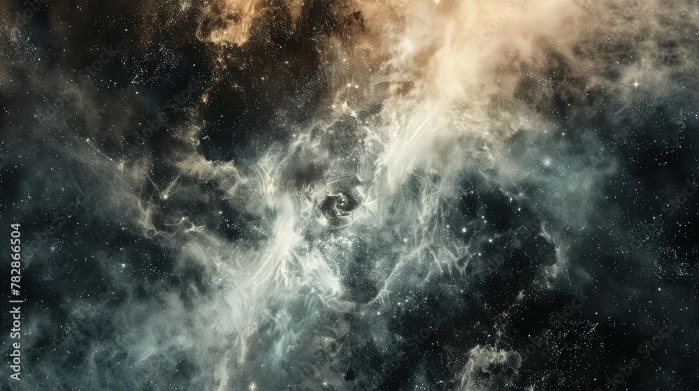 An abstract representation of a dust cloud during a cosmic event, with a blend of black, grey, and white dust. 