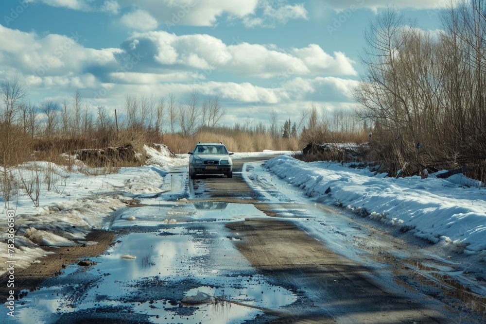 A car on an icy road with potholes, springtime, daylight, sunny day.