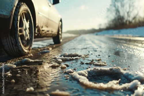 A car on an icy road with potholes, springtime, daylight, sunny day. photo