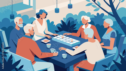 A peaceful scene of a picturesque garden as several elderly friends sip tea and discuss their next move in a complex game of dominoes each of