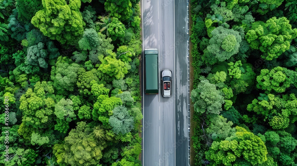 An aerial perspective of a convertible car and a logistics truck driving on a secluded road that cuts straight through a dense, emerald green forest. 