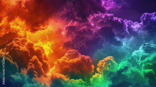 An abstract sky with bold, bright neon clouds in contrasting colors of orange, purple, and green, set against a dark blue sky. 