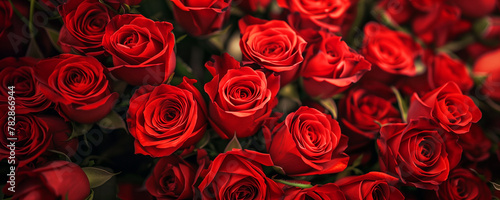 A bunch of deep red colored roses, top view, wide scale image.