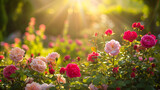 Springtime garden with blooming roses of various colors, creating a fragrant and colorful oasis in full bloom under the warm sunlight
