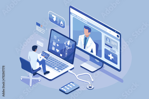 Telemedicine and remote healthcare, doctor conducting virtual consultation with patient via video call