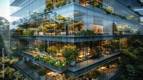 An architecturally stunning glass office building, incorporating terraces with lush trees and plants, and equipped with smart, eco-friendly technology.  photo