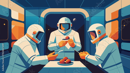 An illustration of astronauts huddled together in a brightlylit compartment delicately maneuvering their forks to scoop up bites of freezedried photo