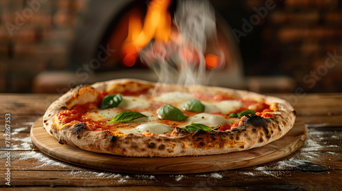 A portrait of a steaming hot, authentic Italian Margherita pizza, with a thin, blistered crust, fresh tomato sauce, mozzarella cheese, and basil leaves, on a rustic wooden table 
