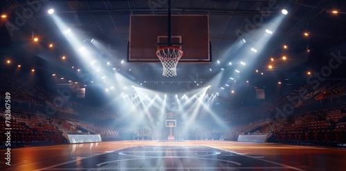 A basketball arena with spotlights shining down.