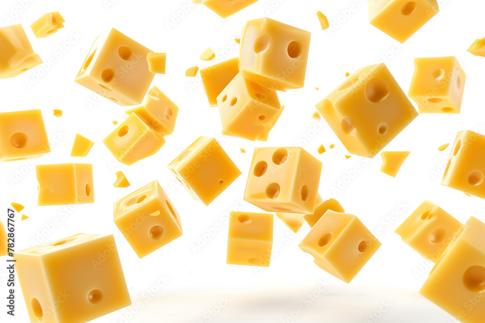 Neatly sliced cheese cubes falling down isolated on white background Neatly sliced cheese cubes falling down isolated on white background