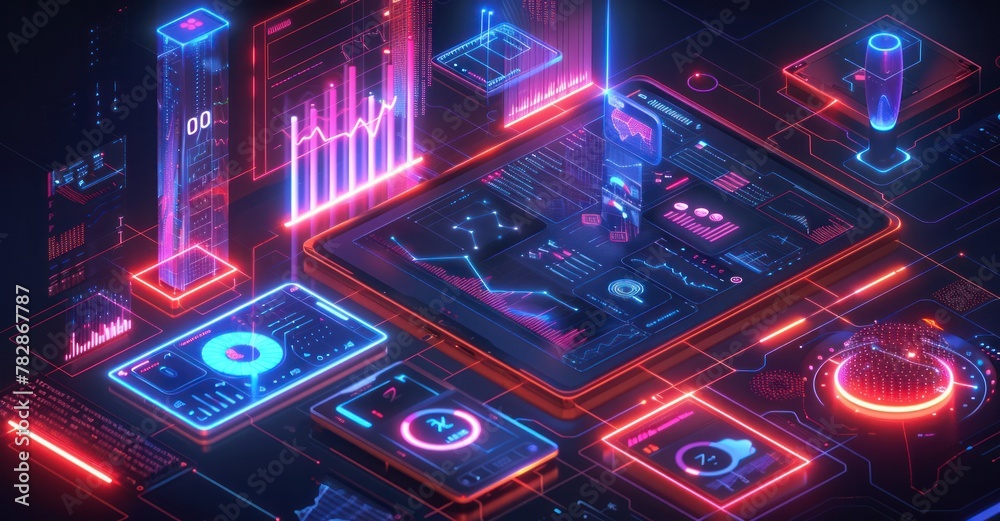 A futuristic cityscape with a tablet displaying a variety of graphs and numbers A futuristic cityscape with a tablet displaying a variety of graphs and numbers