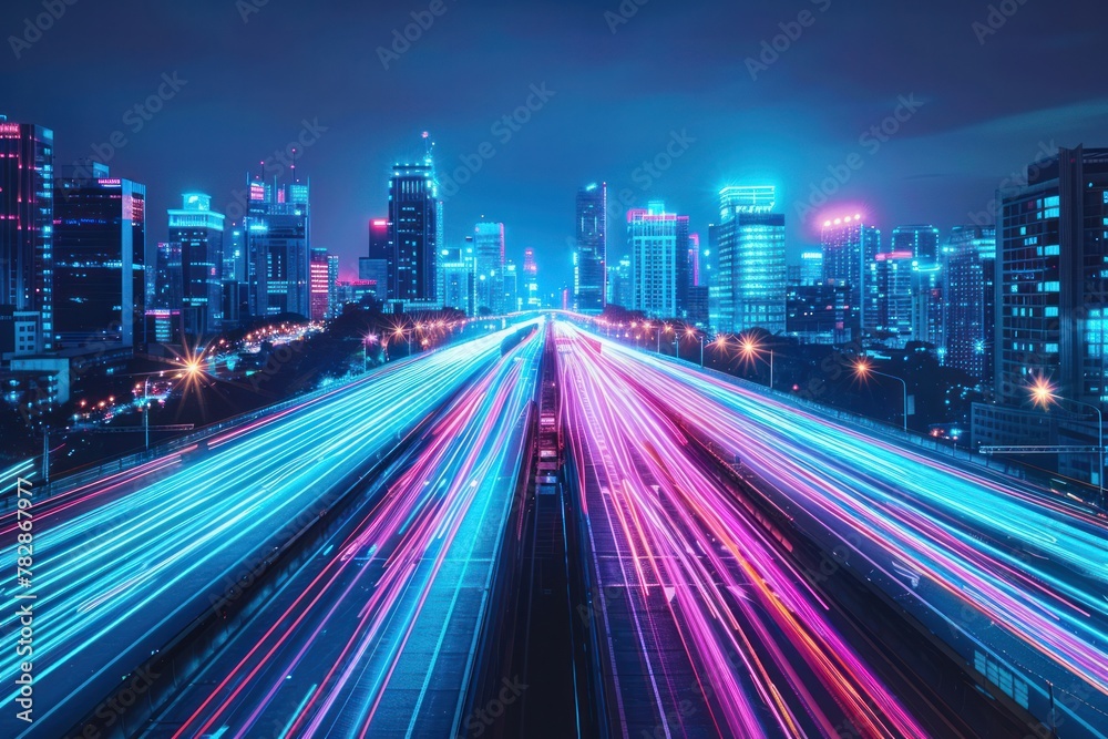 A city street with neon lights and a long line of cars