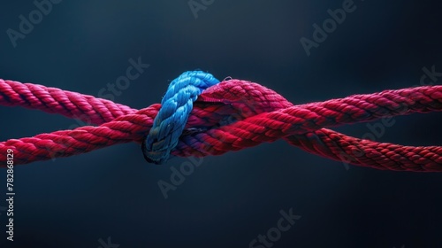 A red rope with one blue and the other pin on dark minimalistic background.