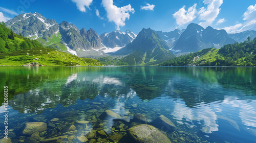 Summer mountain lake with crystal-clear water, reflecting the surrounding peaks and vibrant blue sky, presenting a tranquil and refreshing scene