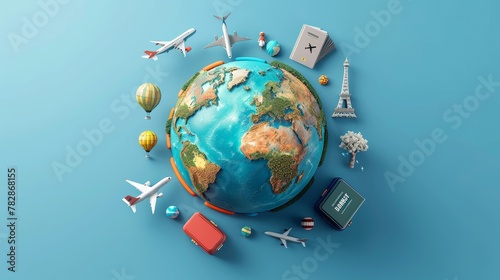 Travel and Tourism: A 3D vector illustration of a globe with travel-related icons like airplanes, suitcases, and passports