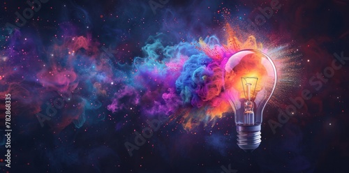 A light bulb is shown in a colorful explosion of light and smoke