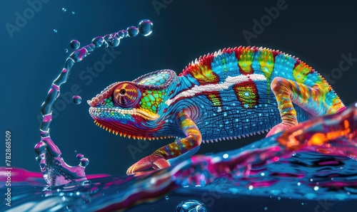 A colorful chameleon on a colorful liquid splash against a dark blue background. photo