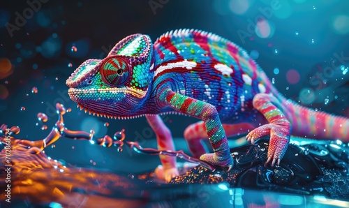 A colorful chameleon on a colorful liquid splash against a dark blue background. photo