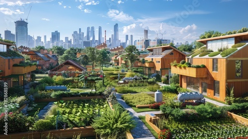 An eco-friendly urban housing complex with shared green spaces, community gardens, and a sustainable waste management system, set against a city skyline. 32k, full ultra HD, high resolution