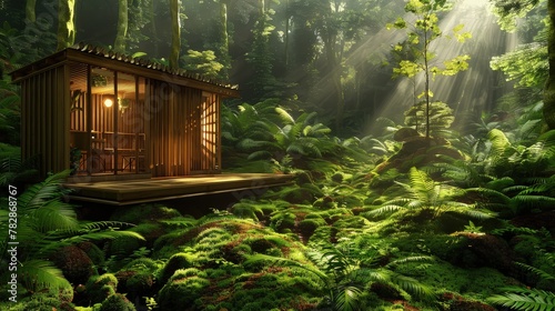 An eco-friendly wooden retreat in the heart of a verdant forest floor, surrounded by a tapestry of moss and ferns, illuminated by a dappled sunlight.  photo