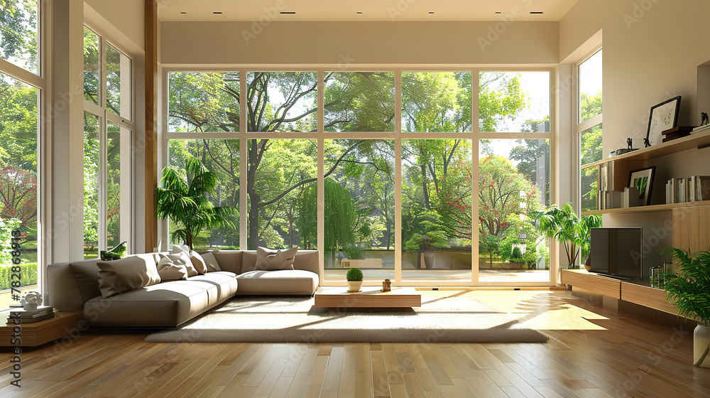 A spacious modern living room, with sleek furniture and green plants accentuating the luxury, large windows casting soft light on the wooden floor A spacious modern living room, with sleek furniture and green plants accentuating the luxury, large windows casting soft light on the wooden floor