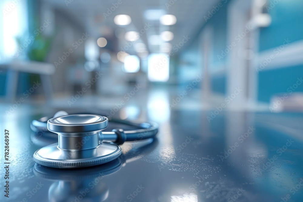 A silver stethoscope is on a table in a hospital room A silver stethoscope is on a table in a hospital room
