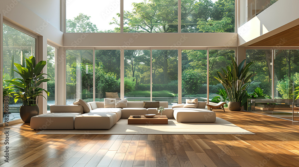 A spacious modern living room, with sleek furniture and green plants accentuating the luxury, large windows casting soft light on the wooden floor A spacious modern living room, with sleek furniture and green plants accentuating the luxury, large windows casting soft light on the wooden floor
