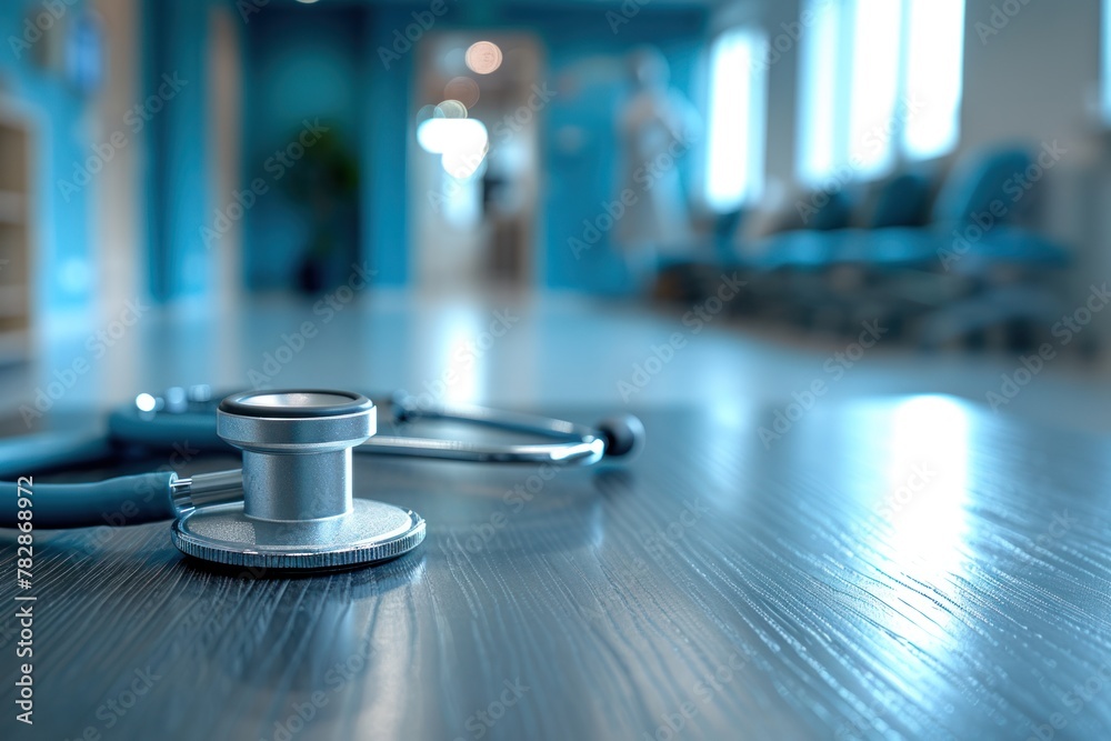 A stethoscope is on a wooden floor in a hospital A stethoscope is on a wooden floor in a hospital