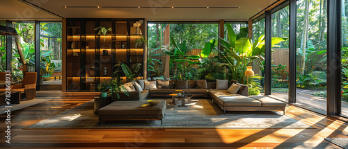 A spacious modern living room, with sleek furniture and green plants accentuating the luxury, large windows casting soft light on the wooden floor  © Uwe