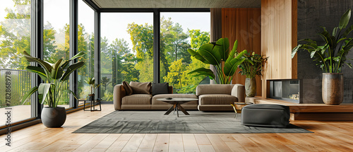 A spacious modern living room, with sleek furniture and green plants accentuating the luxury, large windows casting soft light on the wooden floor  © Uwe