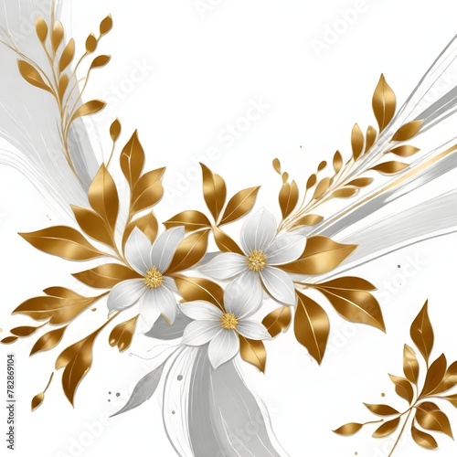 Golden flowers and silver black leaves on white background