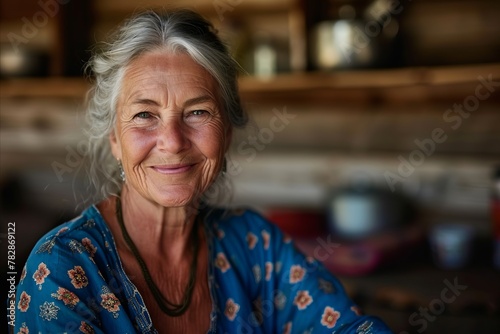 Portrait of a smiling senior woman in the kitchen at home.