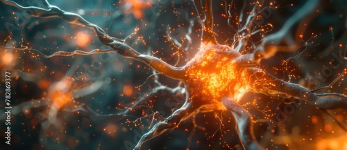 A close up of a brain with a lot of neurons and a lot of orange #782869377