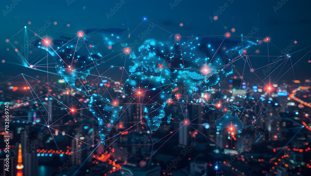 Obraz premium Global Connectivity Map: A Futuristic View of Urban Trade