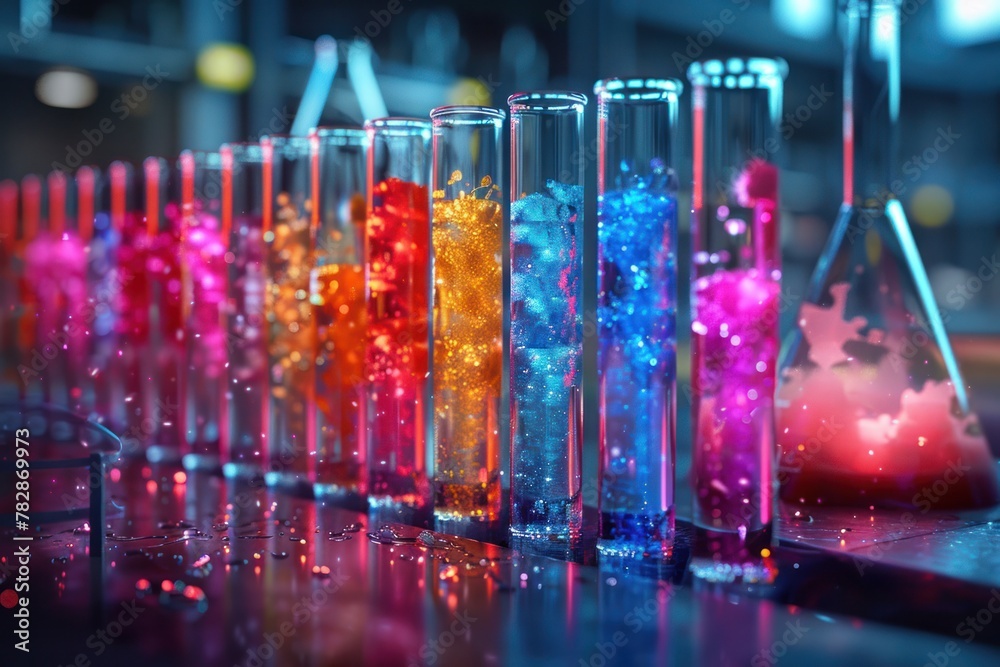 A row of colorful test tubes filled with different colored liquids A row of colorful test tubes filled with different colored liquids