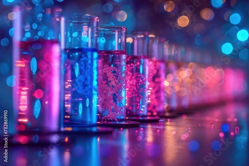 A row of colorful glass beakers filled with liquid