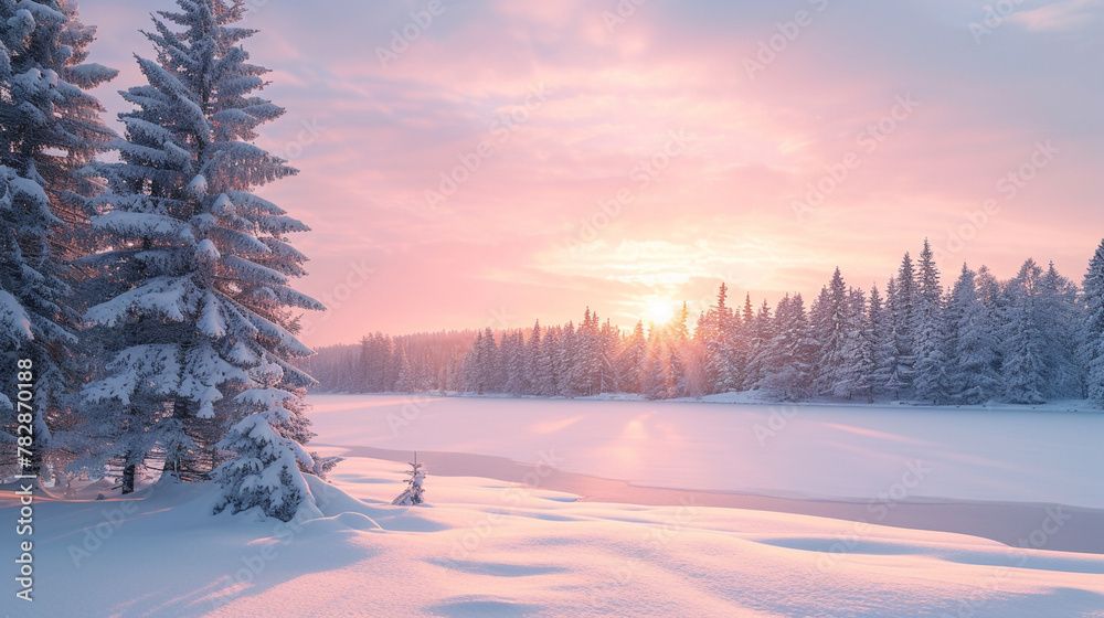Winter wonderland with snow-covered pine trees, a frozen lake, and a soft, pink-hued sunrise, presenting a serene and pristine winter landscape