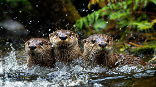 Three otter bathing in a splashing river © Flowal93