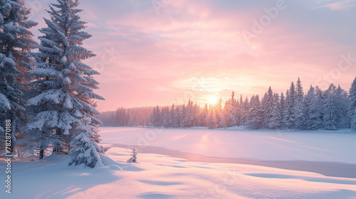 Winter wonderland with snow-covered pine trees, a frozen lake, and a soft, pink-hued sunrise, presenting a serene and pristine winter landscape © alishba Lishay