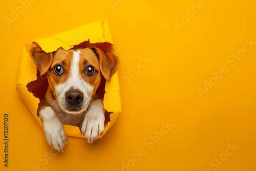 Curious Jack Russell Terrier Peeking Through Yellow Torn Paper Wall