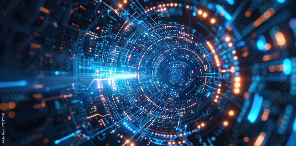 A blue and orange spiral of lights that looks like a computer circuit A blue and orange spiral of lights that looks like a computer circuit