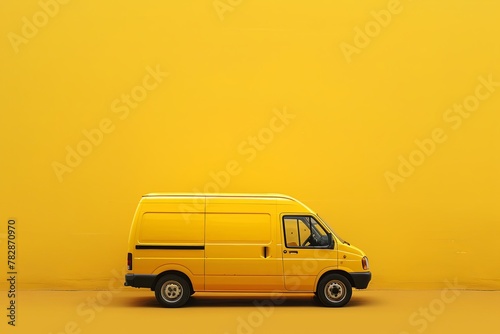 A compact van with yellow automotive lighting is parked by a yellow wall