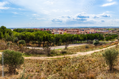 Panoramic view of Figueres city skyline as seen from Sant Ferran castle in Figueres, Catalonia, Spain