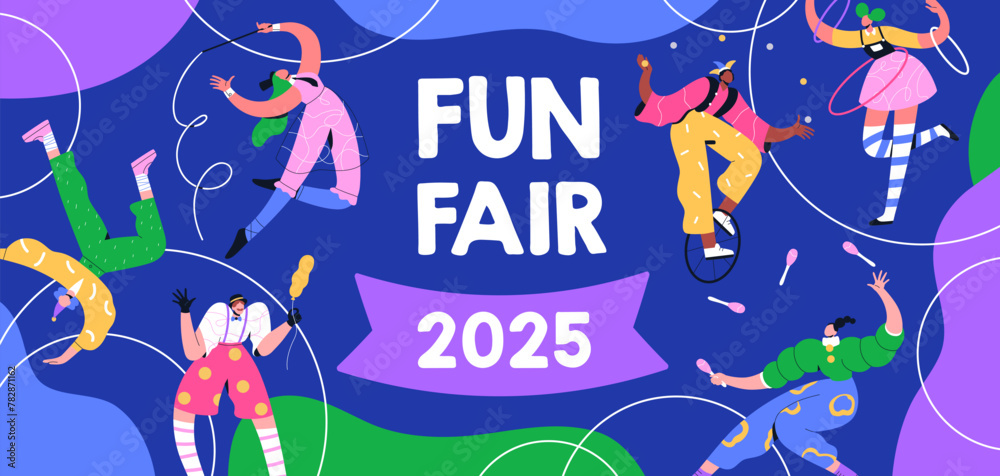 Obraz premium Fun fair, carnival banner design. Carnaval, happy holiday celebration background with colorful festive characters, harlequin, acrobats. Street festival card template. Flat vector illustration