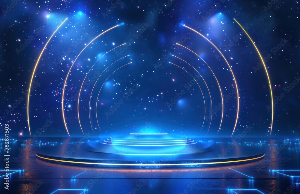 Obraz premium A blue and yellow stage with a blue circle in the middle